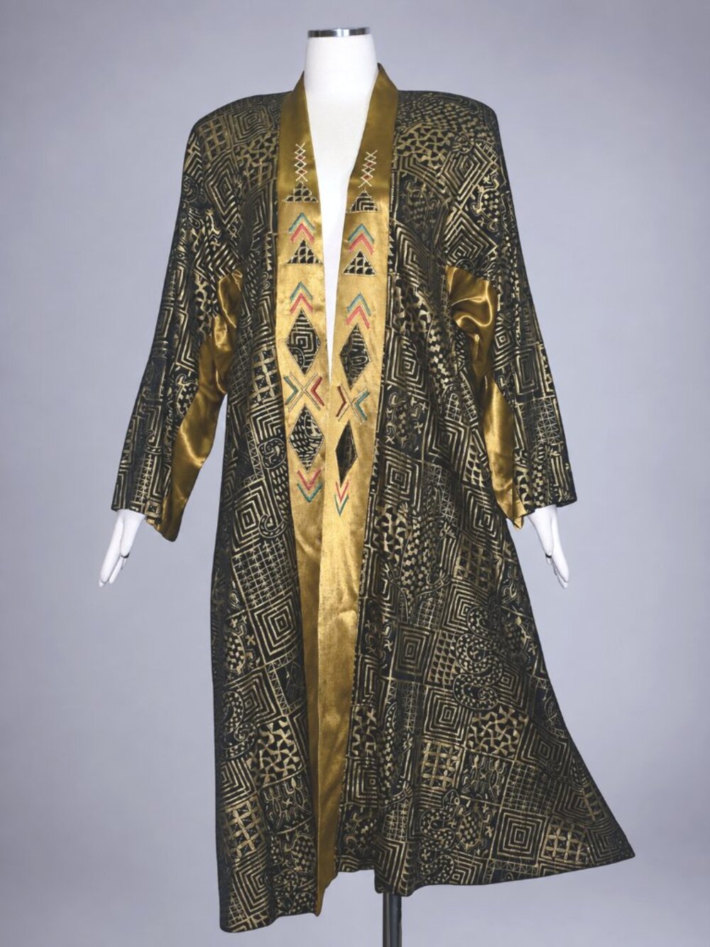 Vintage 80s 90s Black Gold Rayon Duster Kimono Jacket Art to Wear USA OS